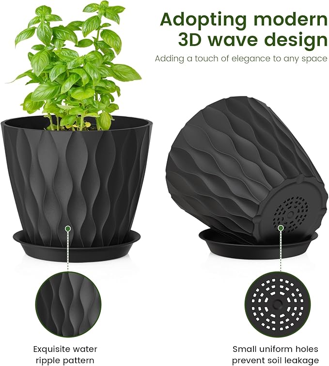 7/6.5/6/5.5/5/4.5/4 inch Plant Pots for Indoor Outdoor Plants, 7 Pack Thick Flower Pots with Drainage Holes and Saucers, Modern Wave Texture Plastic Planter Pots for Nursery, Succulent, Black Meowell
