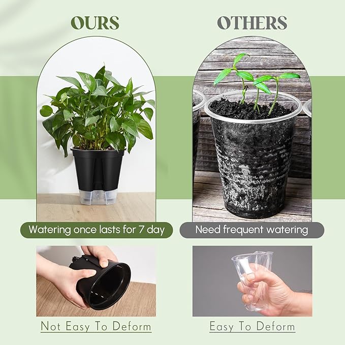 Self Watering Pots for Indoor Plants with Deep Reservoir and High Drainage Holes for Outdoor Plants and Flowers, Bare Root Planter(4.72'', 5.91'', 7.09'',Black,9 Pcs) Wonderjune