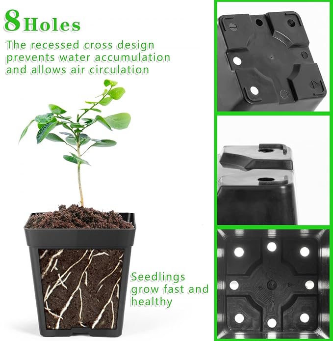 June Fox Square Nursery Pots 3.3 Inches Flexible Plastic Seedling Pots Square Pots for Plants, Succulent, Flower, Pack of 100, with 100 PCS Plant Labels June+Fox