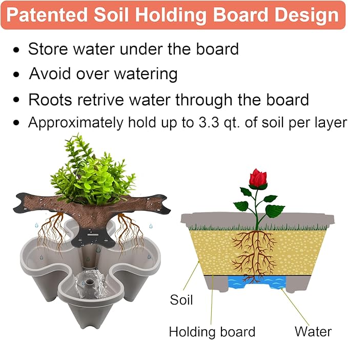 DUNCHATY Stackable Planter, Vertical Garden Planter with Wheels and Tools, Self Watering Strawberry Planter Indoor/Outdoor 3 Tier Herb Planter Pots for Growing Vegetables and Succulents,Gray DUNCHATY