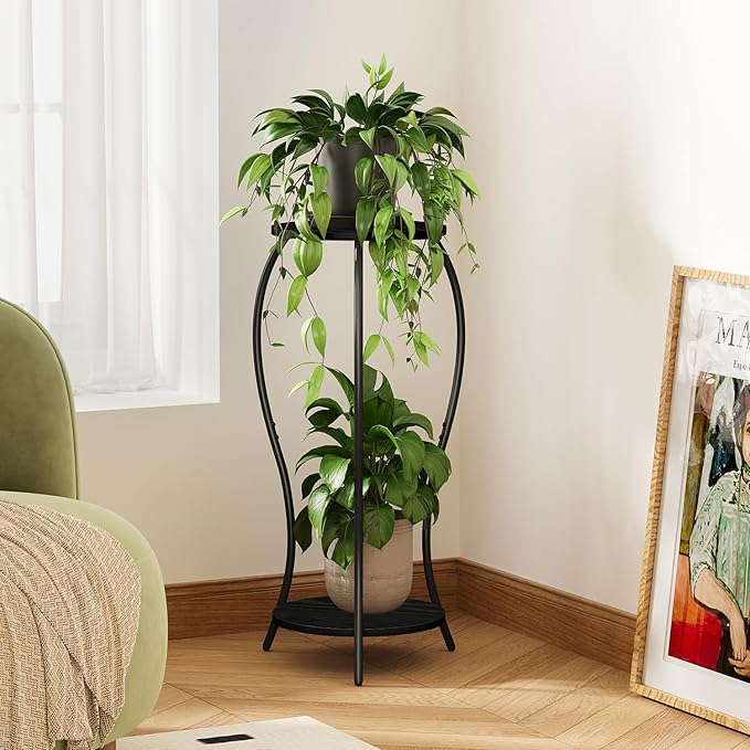 Plant Stand Indoor, 2 Tier Round Tall Plant Stand, Flower Pot Stand, Plant Shelf Rack, Corner Plant Stand for Planter Garden Balcony Patio Living Room (Black-Wood, 2 Tier) VYUOL