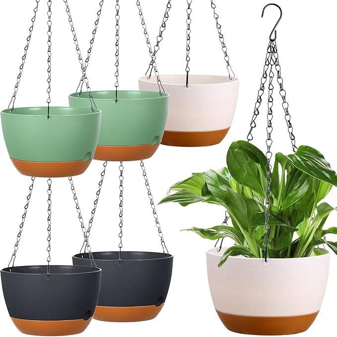 Mumufy 6 Pcs 8 Inch Hanging Planter for Indoor and Outdoor Plants Plastic Hanging Flower Pots with Drainage Hole and Removable Saucer Hanging Plant Holder Plant Hanging Basket (Mixed Colors) Mumufy