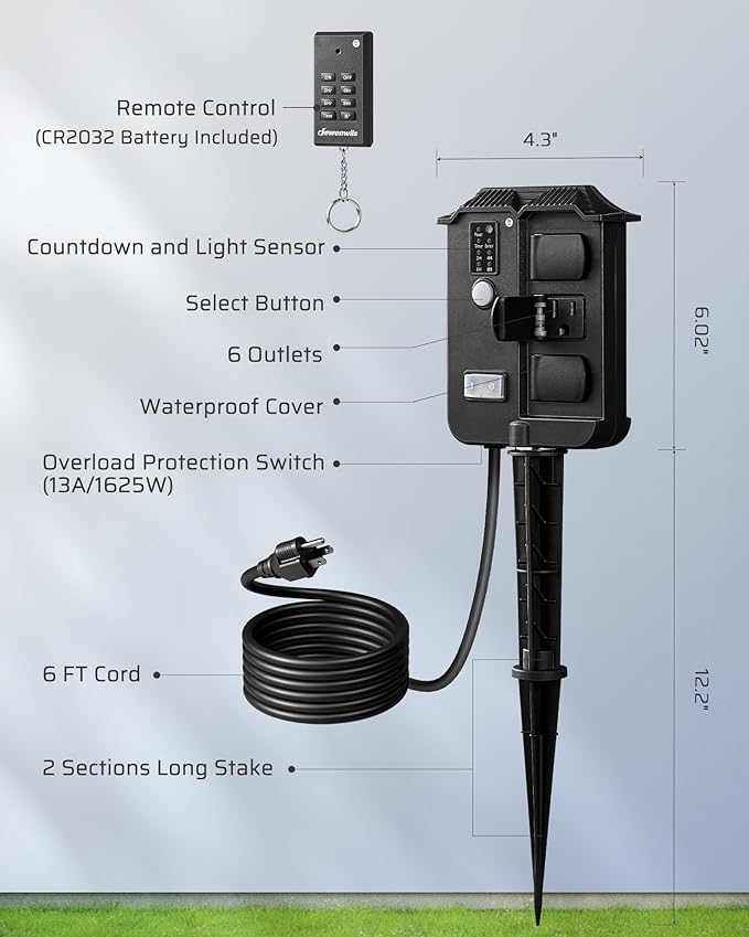 DEWENWILS Outdoor Power Stake Timer Waterproof, 6 Grounded Outlets, 6FT Extension Cord, 100FT Wireless Remote Control, Photocell Dusk to Dawn Timer for Lights, Yard, Garden, UL Listed DEWENWILS