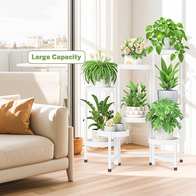 iDavosic.ly 8 Tier Folding Plant Stand Indoor Outdoor with Plastic Tray, Tiered Corner Flower Holder Shelf, Metal Orchid Display Rack for Patio Porch Living Room Garden Balcony, White iDavosicly