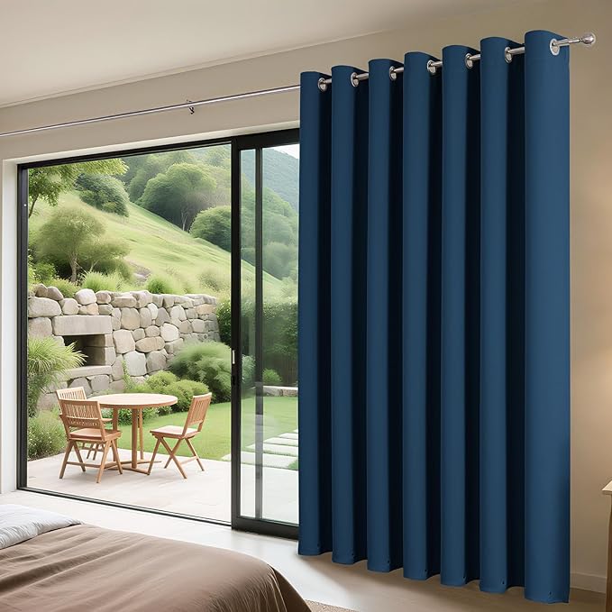 Joydeco Blackout Patio Sliding Door Curtains 90 Inches Long, Grommet Privacy Room Divider Curtains, Extra Wide Thermal Blackout Drapes for Bedroom Living Room (Navy Blue, 80Wx90L, 1 Panel) JOYDECO