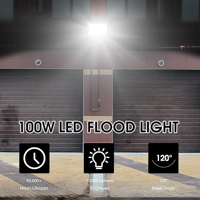 4 Pack 100W LED Flood Light, IP66 Waterproof Outside Flood Light, 12500LM Super Bright Outdoor Security Lights, 5000K Daylight White Floodlight for Yard Garden Playground Basketball Court Patio XYCN