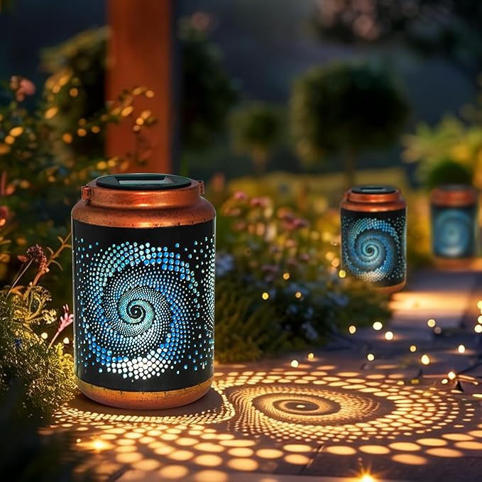 2 Pack Solar Lanterns Outdoor Hanging Metal Waterproof LED with Solar Powered Garden Patio Decorations Decor with Handle Christmas Gift Idea DIBIEECN