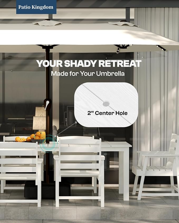 5-Piece White Outdoor Dining Set with White 15FT Large Patio Umbrella, 75.2'' HDPE Table & Chairs for 8, Weather-Resistant Furniture with Umbrella Hole for Patio, Lawn, Poolside PatioKingdom