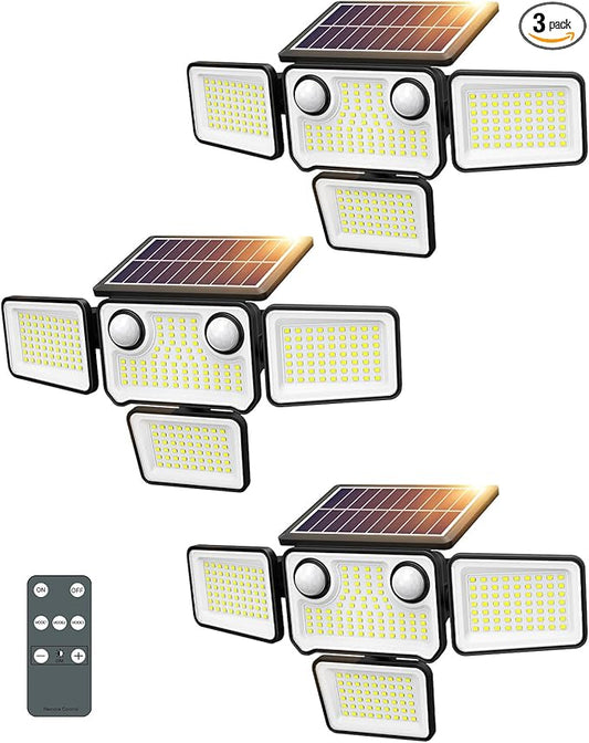 4500LM Solar Lights Outdoor Waterproof, 254 LED Solar Flood Lights Outdoor with 2 Motion Sensor, 4 Heads Security Light with Remote Control for Yard Outside House Garage 3 Pack SZPOWER