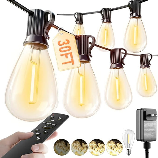 luckystyle 30FT LED Outdoor String Lights with Remote, 10+ 1 Shatterproof Bulbs Waterproof and Dimmable Patio Lights for Porch, Garden, Backyard, Deck, Balcony, 2700K Hanging Lighting luckystyle