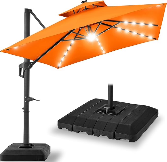 Best Choice Products 12x12ft LED Cantilever Patio Umbrella w/Base Included & 360° Rotation, Large Solar Offset Hanging Outdoor Sun Shade for Deck, Backyard Table w/Stand & Lights – Orange BestChoiceProducts