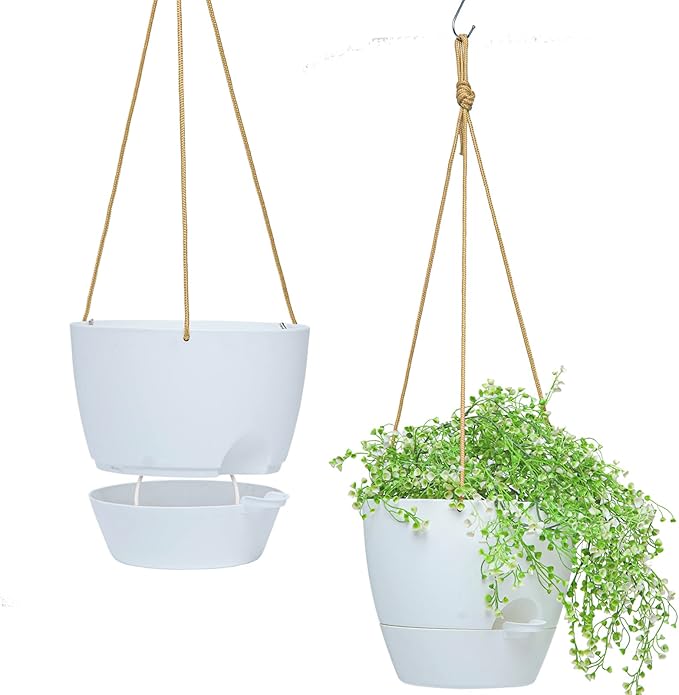 8 inch Hanging Planters, 2 Pack Self Watering Hanging Pots with 20oZ Deep Reservoir for Indoor Outdoor Plants Flowers, White SwinDuck