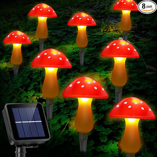 Mushroom Solar Lights Outdoor Waterproof, Whimsical and Cute Solar Mushrooms Stake Lights for Outside with 8 Lights and 8 Modes for Fariy Garden Yard Lawn Path Planter Flower Bed Decor (Red) ReyeeInc