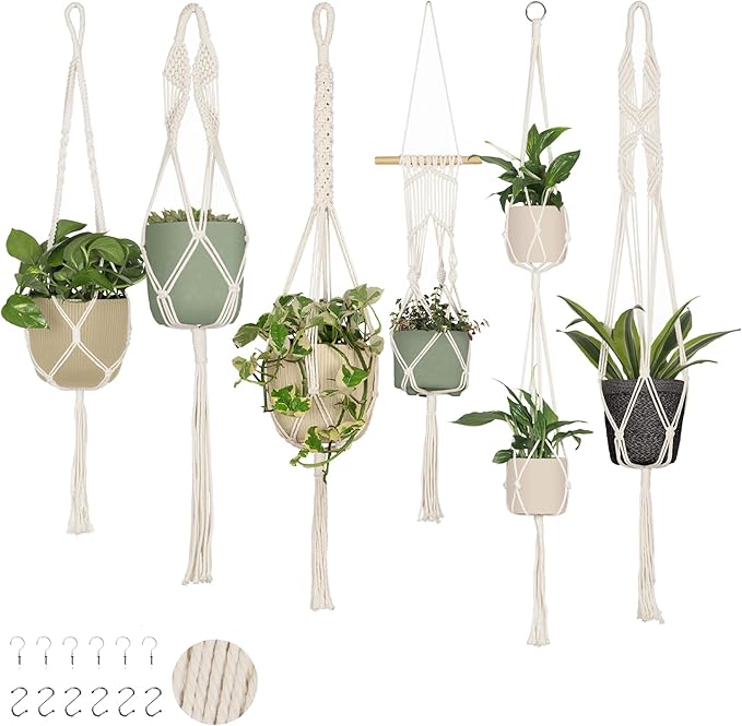 Nook Theory 6-Pack Macrame Plant Hangers with 12 Hooks - Hanging Planters for Indoor Plants, Boho Macrame Hangers Indoor Outdoor, Decorative Plant Hanger Indoor (Cream) NookTheory