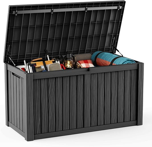 DRATO 150 Gallon Outdoor Storage Box, Large Waterproof Deck Box, Lockable Resin Storage Container with Reinforced Support for Patio Cushions, Garden Tools, UV-Resistant Outdoor Chest（Black，150 Gallon） DRATOprovidesawarmandcozy