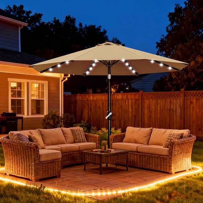ABCCANOPY Durable Solar Led Patio Umbrellas with 32LED Lights 9FT (Tan) ABCCANOPY