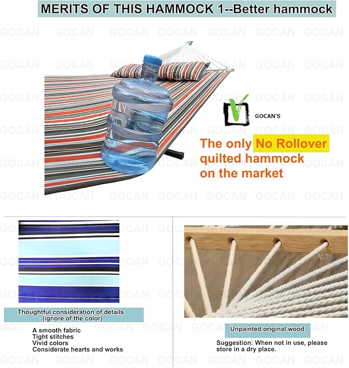 Quilted Fabric Double Hammock Won't flip with Stand and Spreader Bars,Safer and Sturdier,Quality Hammocks for Outdoor Indoor Patio Yard Two Sided Dual use red/Blue GOCAN