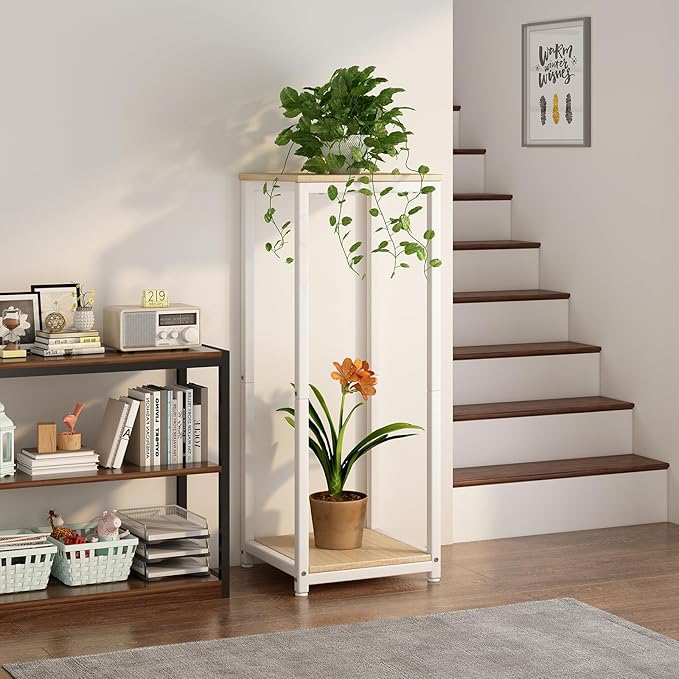 Plant Stand Indoor Corner Tall 2 Tier Metal Modern Flower Storage Plant Shelf Holder for Living Room Balcony Garden,White (2 Tier-White) YIZAIJIA