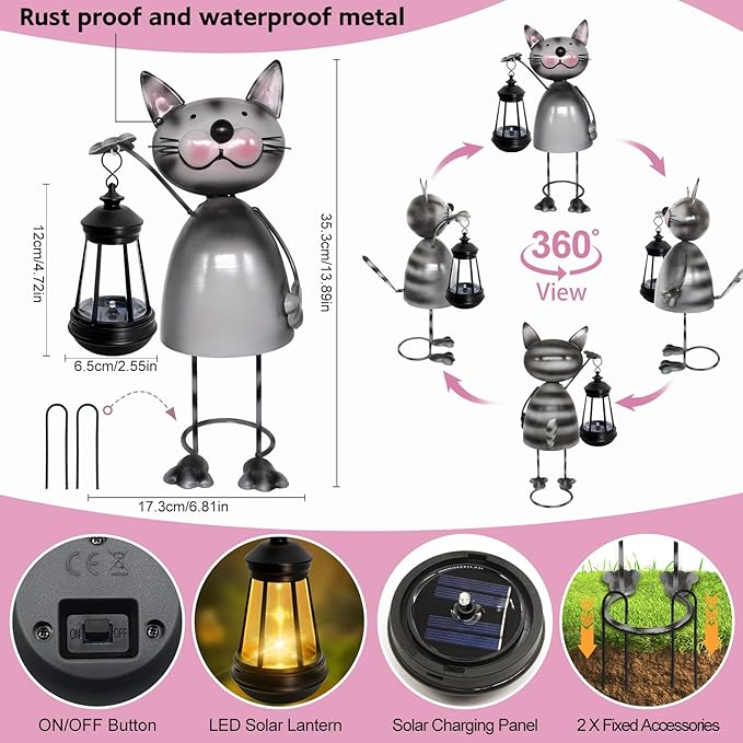 Garden Decor Cat Solar Statues,Unique Garden Statues Cat with Solar Lantern Waterproof, Birthday Gifts for Women Mom Grandma, Front Patio Balcony Yard Art Lawn Ornaments Porch Outdoor Decoration yulloyello