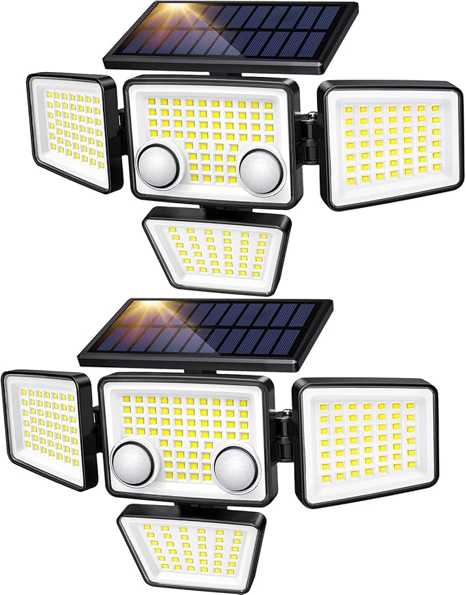 Solar Outdoor Lights - 3000LM 188 LED Motion Sensor Outdoor Lights, 4 Heads Security Light,IP65 Waterproof, Easy Install,270°Wide Angle Flood Wall Light with 3 Modes for Backyard Yard (2 Pack) LYWALT