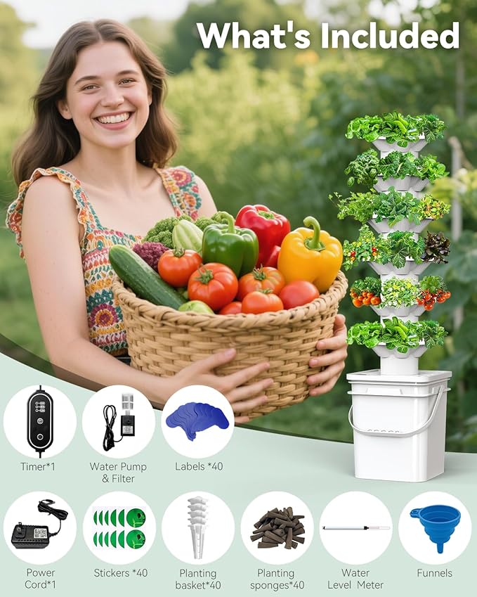 Vertical Hydroponics Growing System Kit, Indoor Outdoor Gardening System Kits, Herb & Fruits Growing Hydroponic Tower, 6 Layers (36 Pods) sjzxuv
