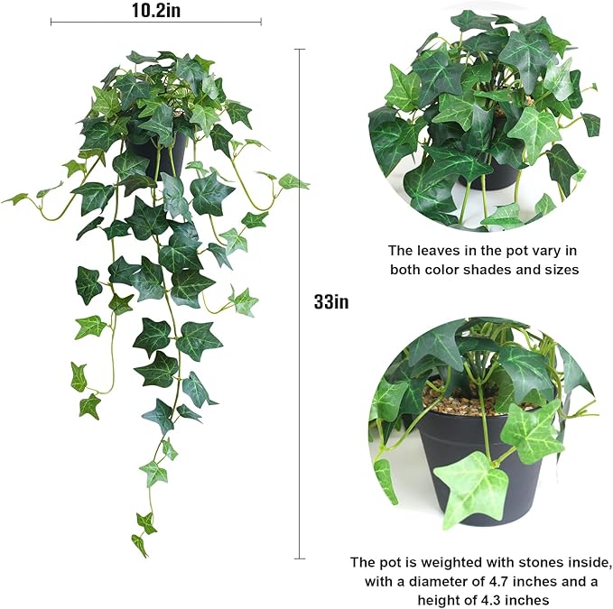 Fake English Ivy Plants in Pots Set of 2 – Realistic Artificial Ivy Greenery for Home Decor, Tabletop, Office, Shelf, Balcony or Bathroom – Lifelike Faux Hanging Vines, No Maintenance Required ALYPTUS