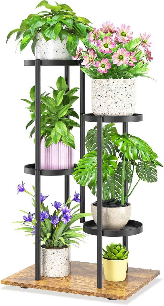 iDavosic.ly 4 Tier Plant Stand Indoor Outdoor, Tiered Corner Multiple Flower Pot Holder Shelf, Metal 30 Inch Tall Display Rack for Patio Porch Living Room Garden Balcony, Modern Black & Rustic Brown iDavosicly