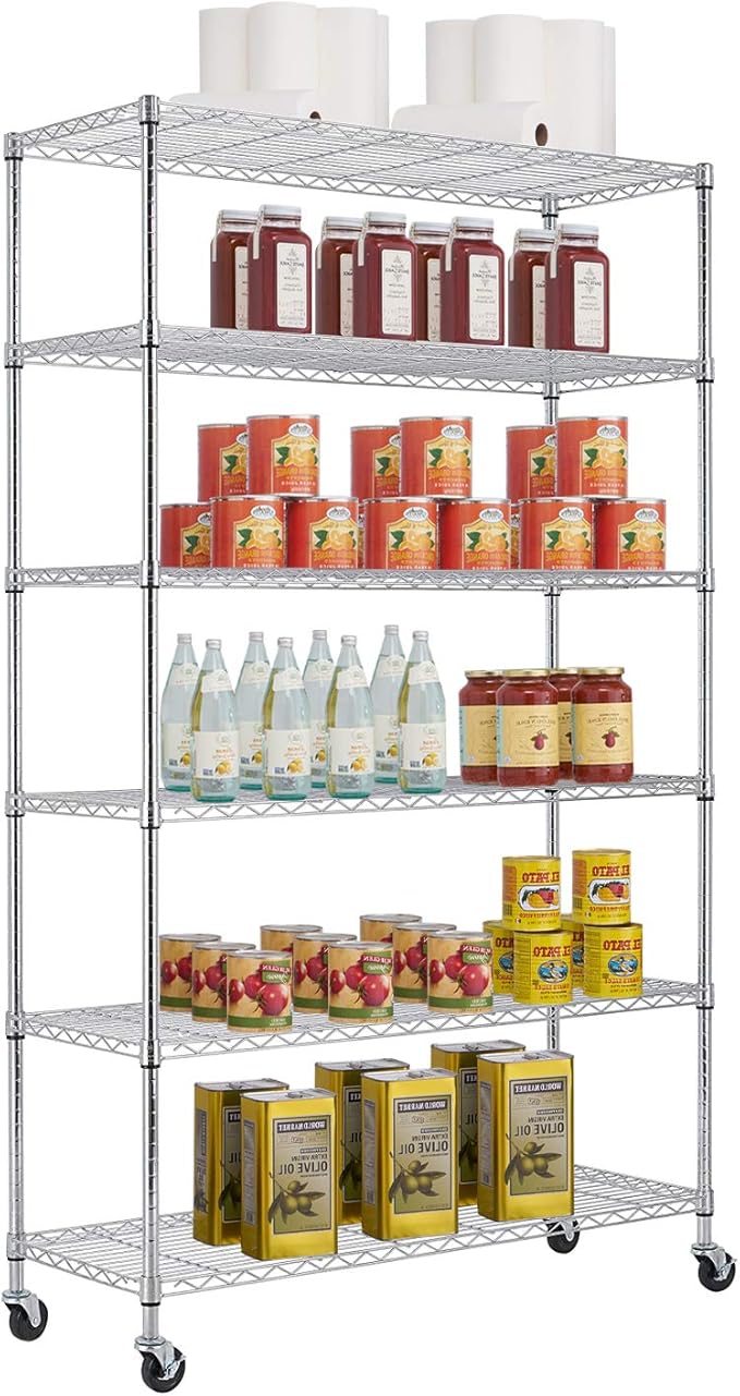 BestOffice | 6-Tier Wire Storage Shelves with Wheels | 18x48x82 | Chrome | Adjustable Racks | Heavy-Duty Metal Shelf, Holds Upto 510 lbs | No-Tool Assembly | Ideal for Home & Garage Shelving BestOffice