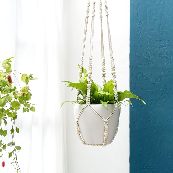 Mkono 43 Inch Macrame Plant Hanger Large for up to 12 Inch Pot Extra Long Hanging Plant Holder No Tassels Hanging Planter Basket with Wood Beads for Indoor Outdoor Boho Home Decor, Ivory Mkono