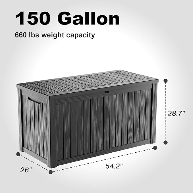150 Gallon Resin Deck Box, Lockable Patio Outdoor Storage Box for Furniture, Garden Tools and Tools Storage, Waterproof Outside Storage Boxes - Black OutdoorLivingPerfected