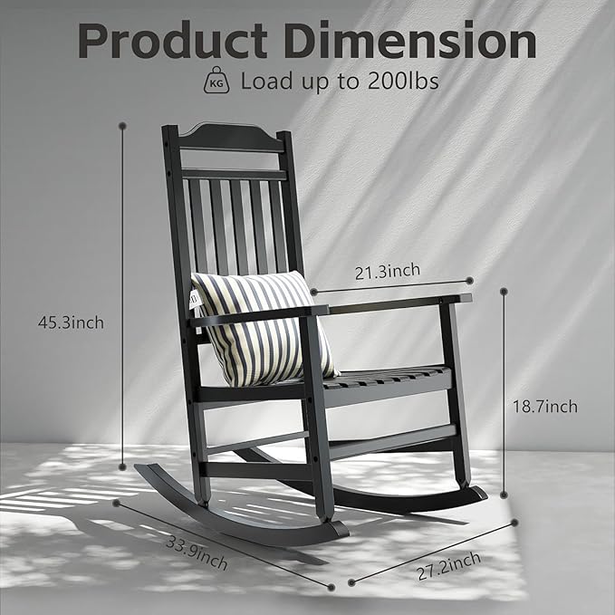 Patio Rocking Chair Outdoor Set of 1,Weather Resistant Poly Resin Oversized Porch Rocker,Indoor Outdoor Use(1, Black) GYMHILL