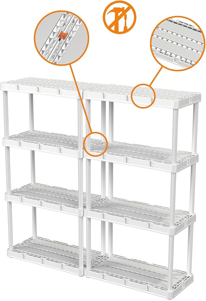 Gracious Living 4 Shelf Knect-A-Shelf Ventilated Light Duty Storage Home Organizer with Adjustable Shelves for Garage, Basement, and Laundry, White GraciousLiving