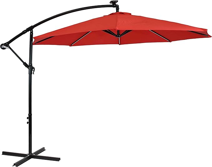 Sunnydaze 10' Solar Offset Patio Umbrella - Solar Cantilever Umbrella Outdoor with LED Lights - Polyester Shade, Air Vent, & Cross Base SunnydazeDecor