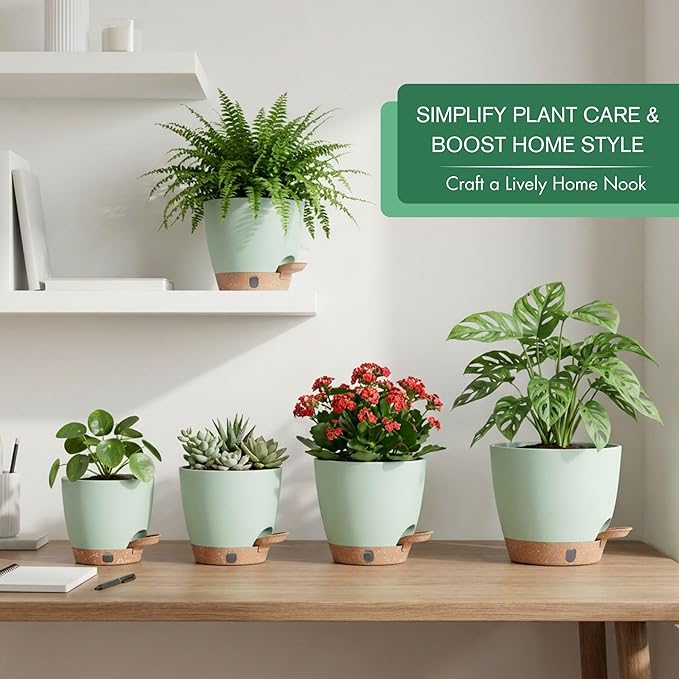 montresor 5 Pack Green 5/5.5/6/6.5/7 Inch Self Watering Planters for Outdoor, Plastic Plant Pots with Wick & Drainage, Small to Medium Indoor Pots for Snake Plant, Aloe Montresor