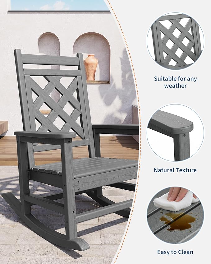 GarveeLife Outdoor Rocking Chair Set of 2, HDPE Weather Resistant Patio Rocking Chair Porch Rocker with Wood Texture & 380 LBS Support for Deck, Pool, Backyard, Gray GarveeLife