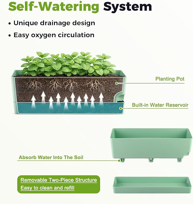 4 Pack Self Watering Pots for Indoor Plants 17 Inches Window Boxes Planters Rectangular Flower Pots Rectangle Herb Pots Large Plant Pots with Drainage Holes and Saucers Windowsill Planter, Green KvyusFlourish
