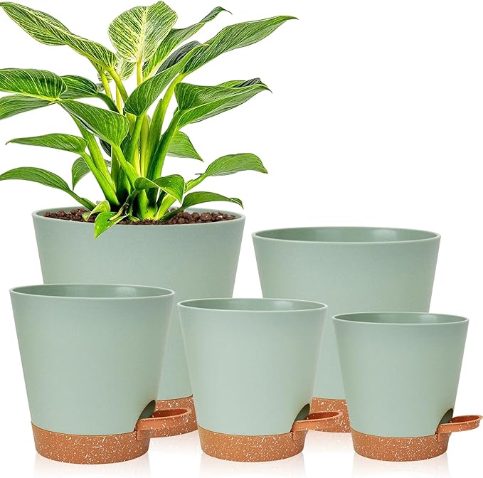 Planters for Indoor Plants 7/6.5/6/5.5/5 Inch, Self Watering Planters with Drainage Holes and Saucers 5 Pack Plastic Pots for Plants, Succulents, Herbs, Cactus, Flower Pots, Green Vanslogreen