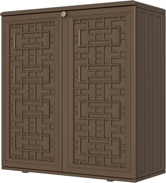 Storage Box Outdoor Caninet,Resin Indoor Storage Box Waterproof Outdoor Storage Cabinets for Patio/Garden/Backyard, Size 34.3''L*15''W*36.2''H(Brown) Mrosaa