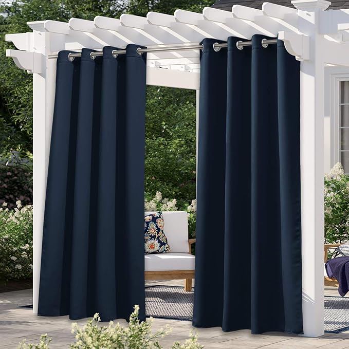 NICETOWN Patio Curtain for Outdoor Waterproof, Home Fashion Machine Washable Stainless Steel Ring Top Thermal Insulated Room Darkening Privacy for Balcony, 1 Panel, 52" W x 108" L, Navy Blue NICETOWN