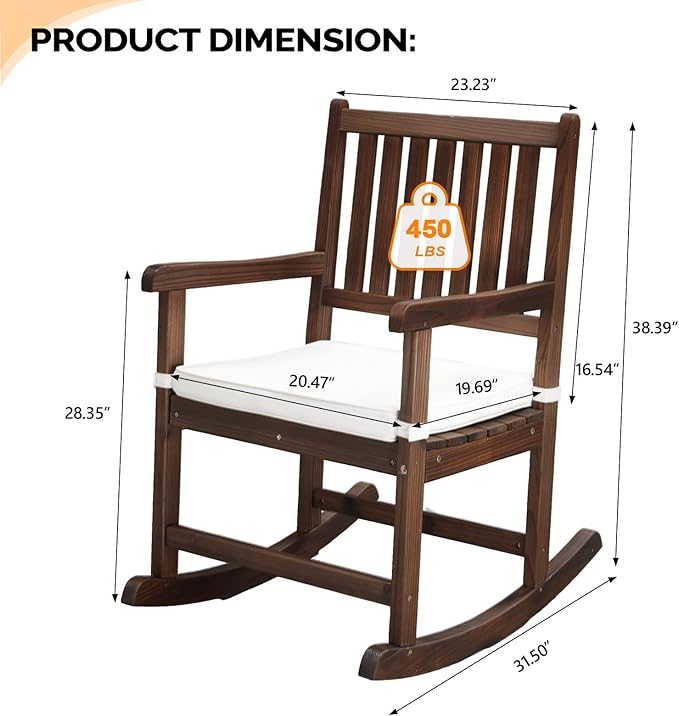 VINGLI Outdoor Rocking Chair, Weatherproof Rocker with Cushion, Wooden Rocking Bench Support 450 LBS for Patio, Yard, Garden, Outdoor or Indoors, Rustic VINGLI