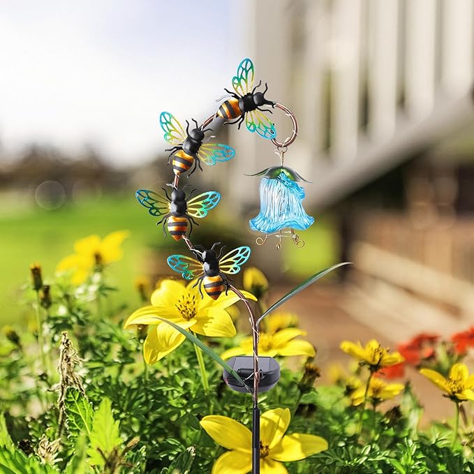 Bshine Solar Flower Outdoor Waterproof Bee Lights, Valentine's Day Garden Decorative Metal Stake Bee Hanging Flower, Yard Decorations Outdoor Patio, Courtyard, Pathway and Lawn Ornaments Bshine