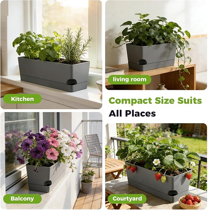 4 Pack Self Watering Pots for Indoor Plants 17 Inches Window Boxes Planters Rectangular Flower Pots Rectangle Herb Pots Large Plant Pots with Drainage Holes and Saucers Windowsill Planter, Grey KvyusFlourish