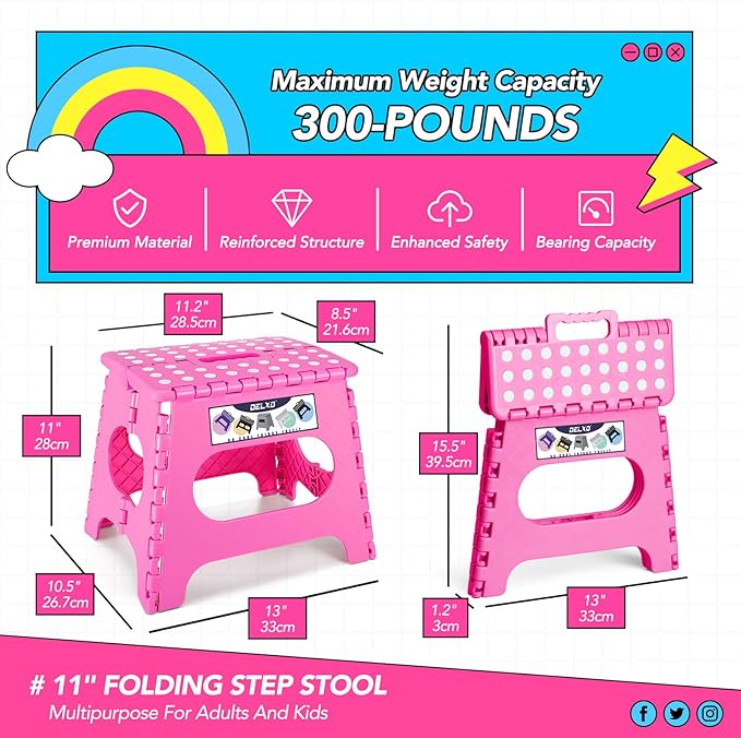 Delxo Folding Step Stool,11 Inch Non-Slip Foldable Step Stools for Kids and Adult,Portable Lightweight Small Folding Stool with Handle for Kitchen Bathroom in Pink,1 Pack Delxo