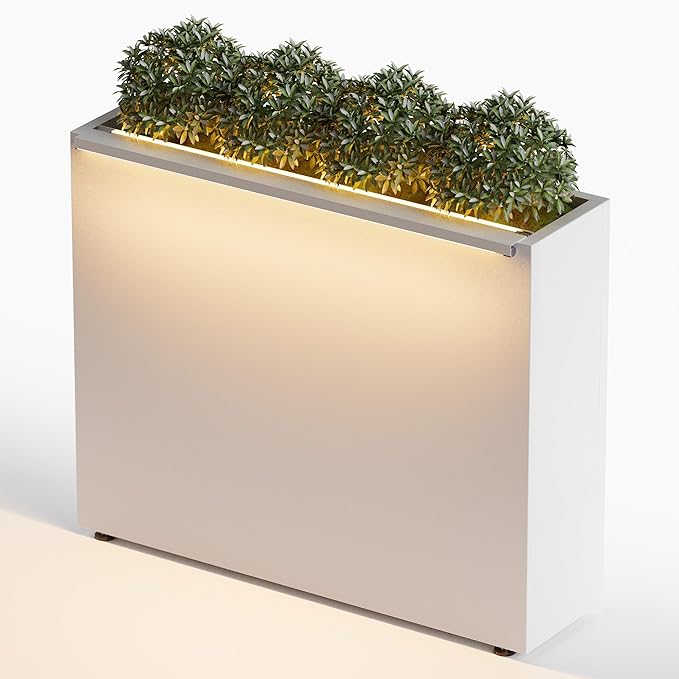 GSK White Metal Planter Box with LED Light Rectangular Illuminate Flower Trough 30" H×10" W×37.9" L Vibe Indoor Light Up Garden Plants Outdoor Separation Patio Porch Balcony GSK