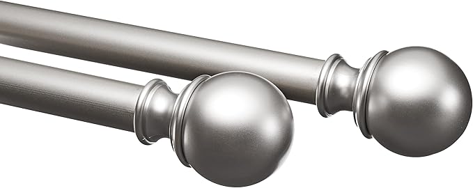 Amazon Basics Easy Installation Adjustable Curtain Rod for Windows with Round Finials, 1-Inch Rod, 72" to 144", Nickel, 2-Pack AmazonBasics