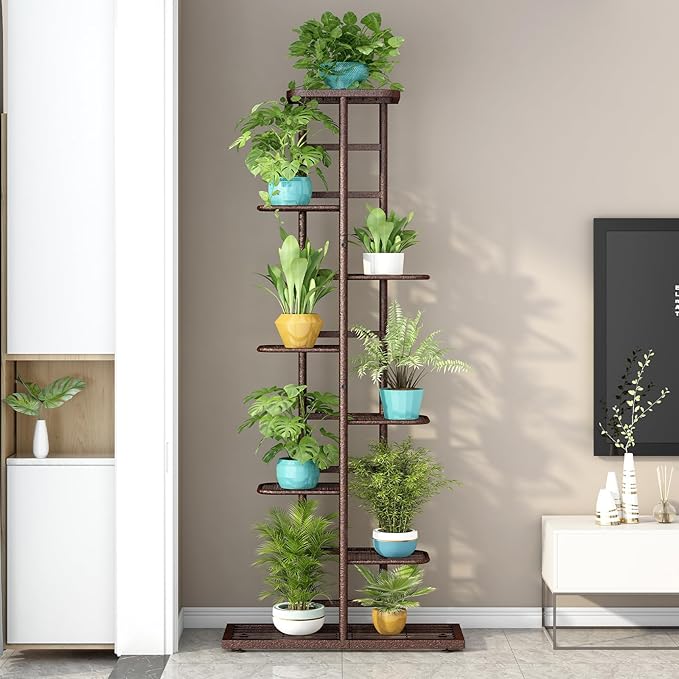 LINZINAR Plant Stand Indoor Outdoor Metal 8 Tier 9 Potted Multiple Flower Pot Holder Shelf Planter Display Shelving Unit for Patio Garden Corner Balcony Living Room LINZINAR