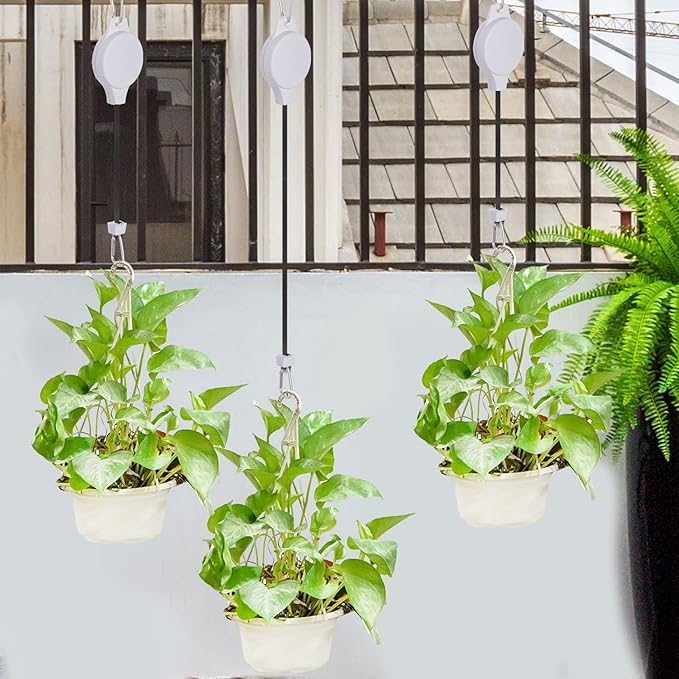 6 Pcs Retractable Plant Hanger, Easy Reach Plant Pulley Adjustable Height Wheel for Hanging Plants - Heavy Duty for Garden Baskets Pots & Birds Feeder - White Haakong