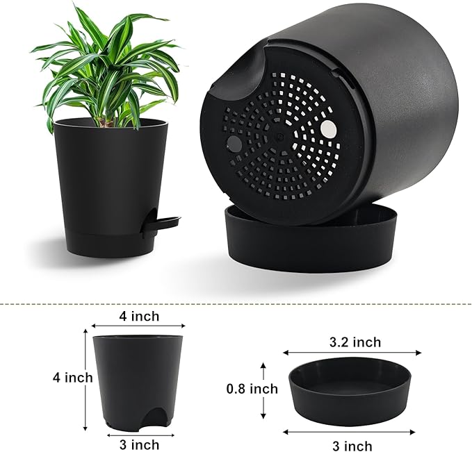 Self Watering Pots, 4 inch Flower Pots with Multi Mesh Drainage Holes, Small Platic Planters for Indoor Outdoor Garden Plants and Flowers (Black, 4") Rootora