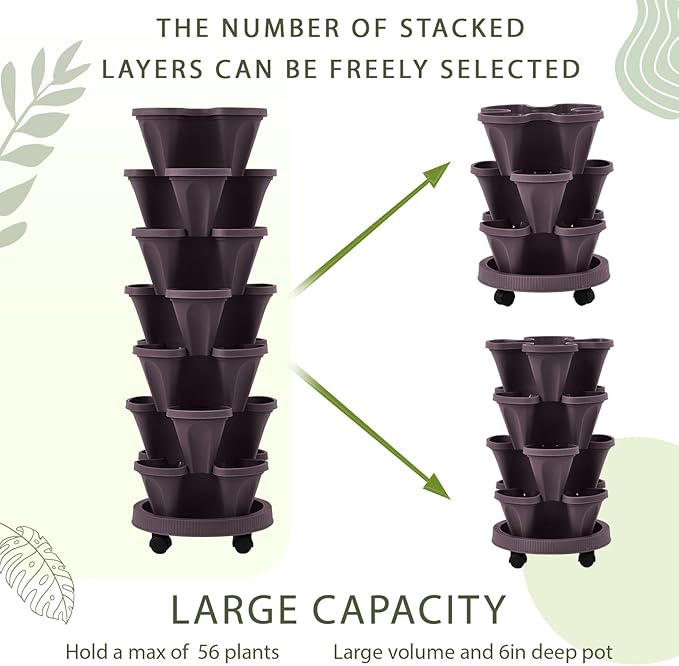 Umigy 2 Set Espresso Brown 7 Tier Vertical Planter Stackable Tower Planters Strawberry Herb Flower and Vegetable Pots Indoor Outdoor Gardening Pots with Removable Wheels and Tools Umigy