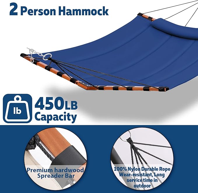 TegerDeger 12FT 2 Person Hammock Large Hammock 450LB Capacity with V Shaped Hardwood Spreader Bar & Nylon Rope for Outside, Patio, Garden, Backyard, Beach, Poolside - Blue Tegerdeger